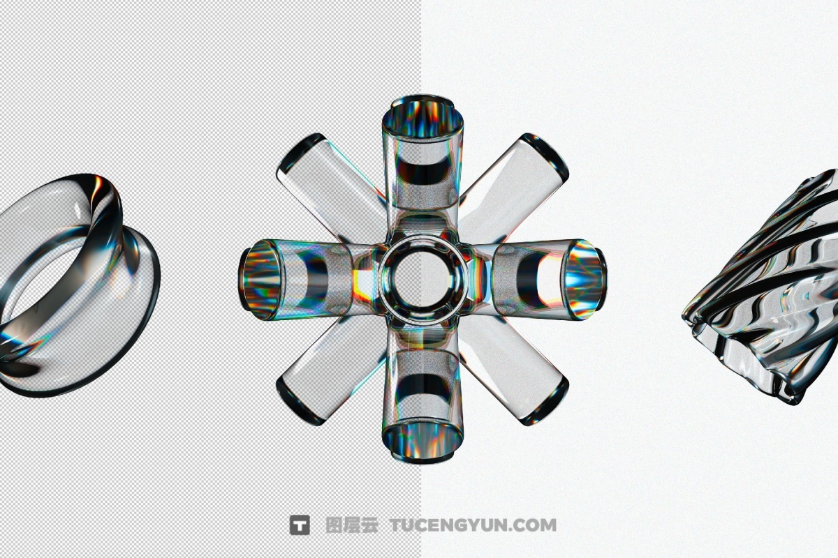 60种全新3D透明彩虹色散液态玻璃水晶形状PNG免抠图片素材（14002）图层云