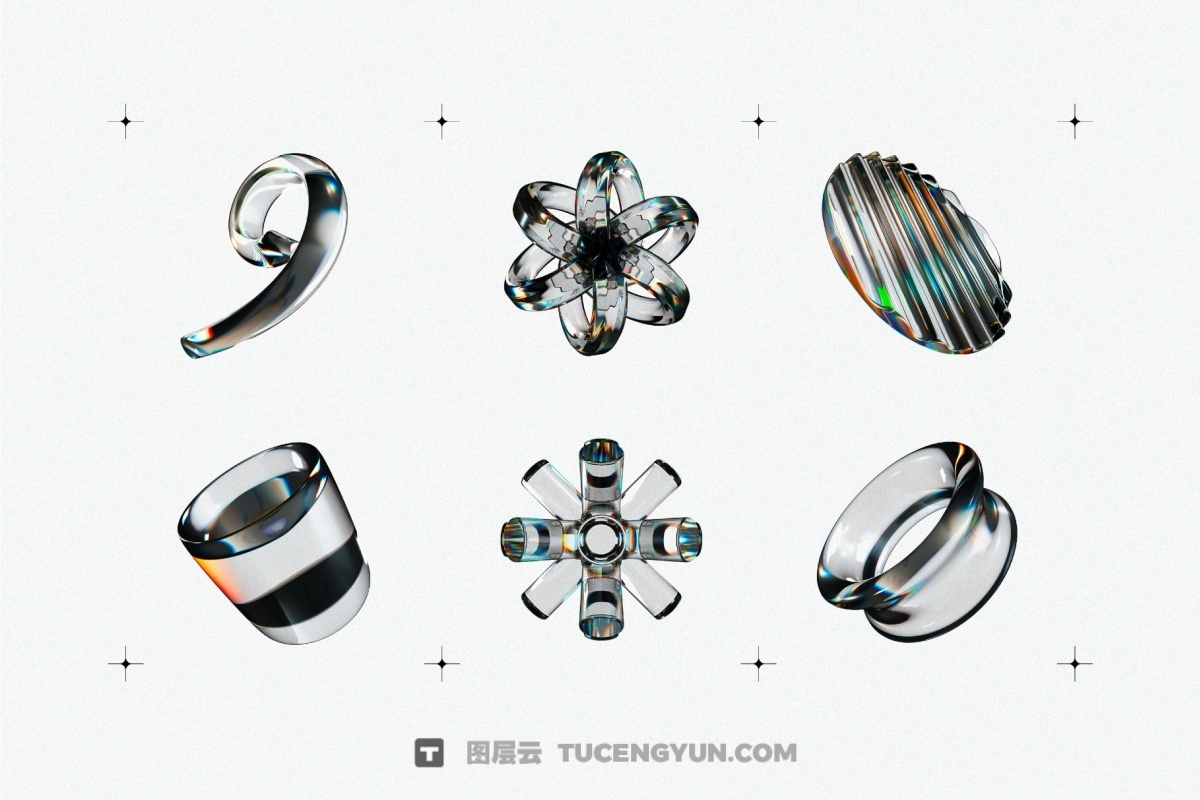 60种全新3D透明彩虹色散液态玻璃水晶形状PNG免抠图片素材（14002）图层云