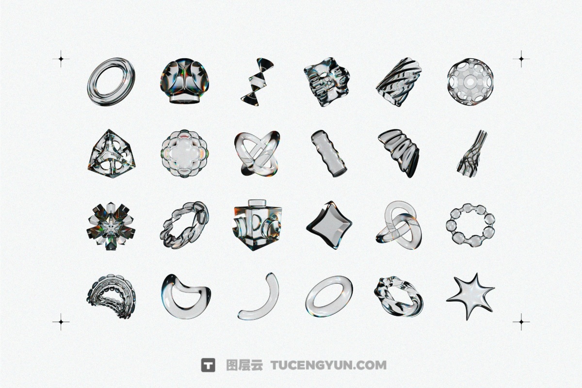 60种全新3D透明彩虹色散液态玻璃水晶形状PNG免抠图片素材（14002）图层云