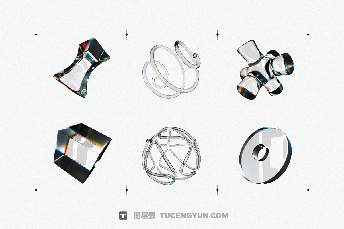 60种全新3D透明彩虹色散液态玻璃水晶形状PNG免抠图片素材（14002）图层云