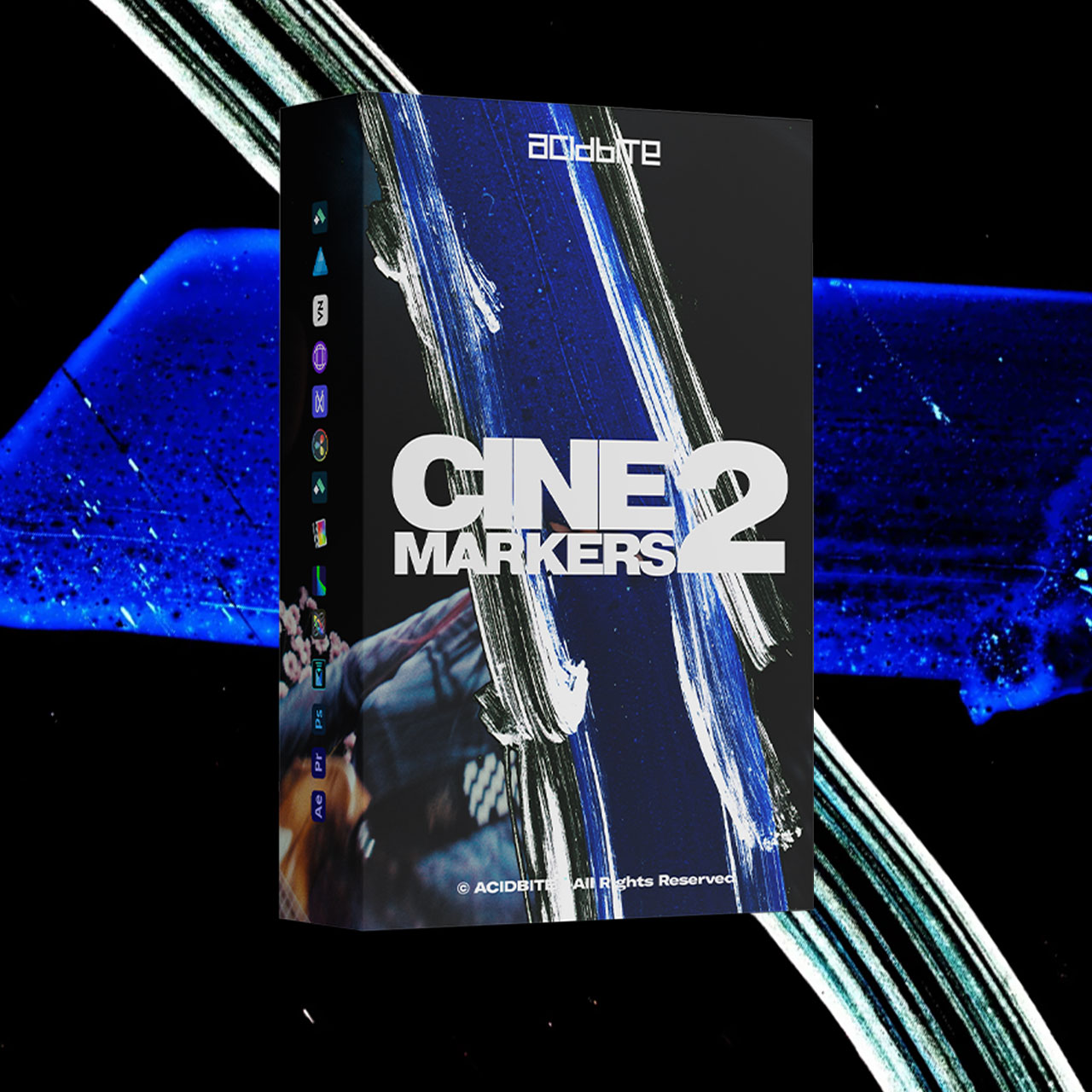 Acidbite 100多个全新复古美学胶片粗糙刮痕打孔笔触涂装转场过渡+音效+视频教程 Acidbite Cinemarkers 2（14006）