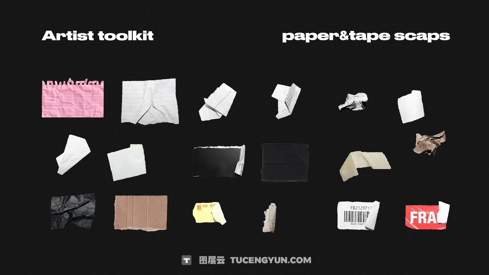 205个复古拼贴艺术垃圾摇滚涂鸦纸张、纸框、贴纸、纸张过渡、胶带碎片视频剪辑素材包（14008）图层云