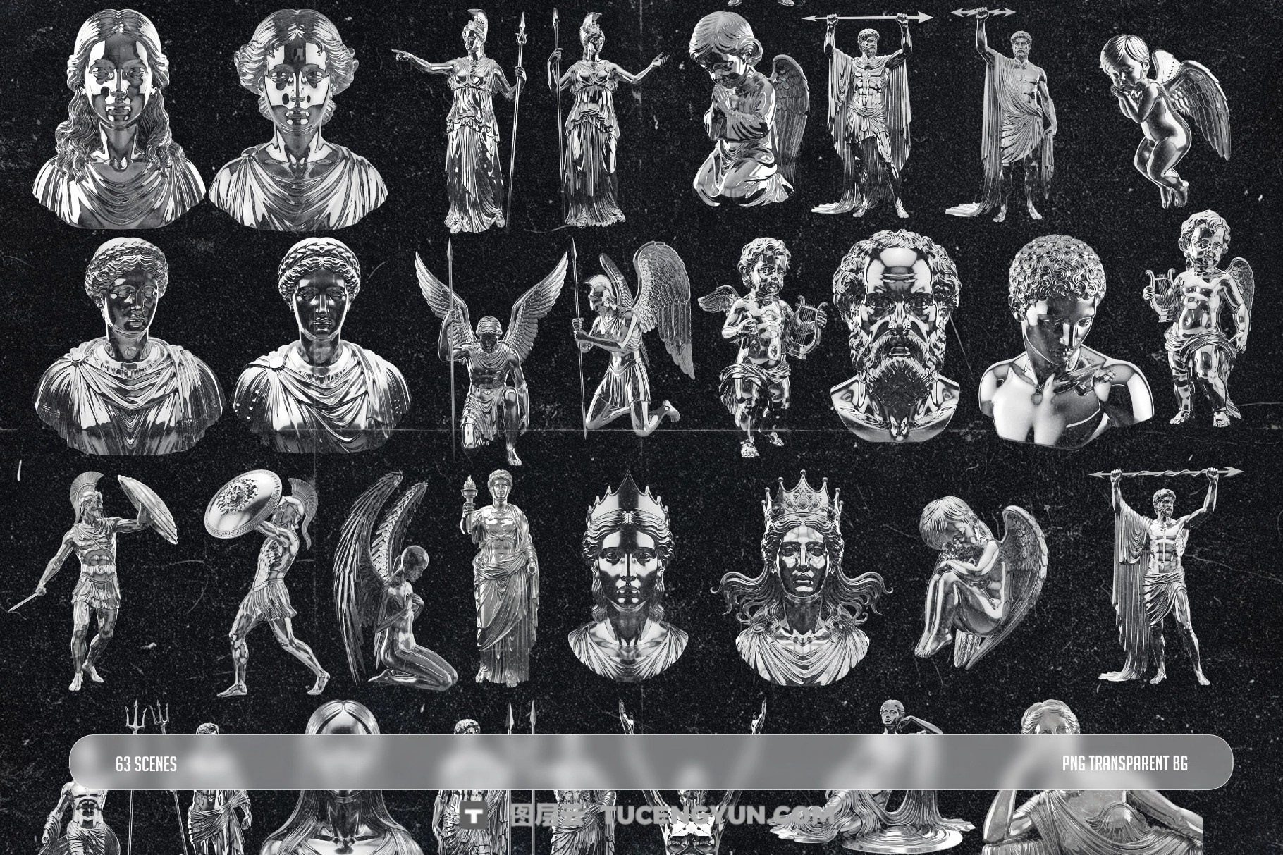 63个大胆未来感金属镀铬3D银色天使骑士哥特人物雕塑雕像PNG图片设计元素套装 Chromatic Metal Statue PNG Collection（14026）图层云
