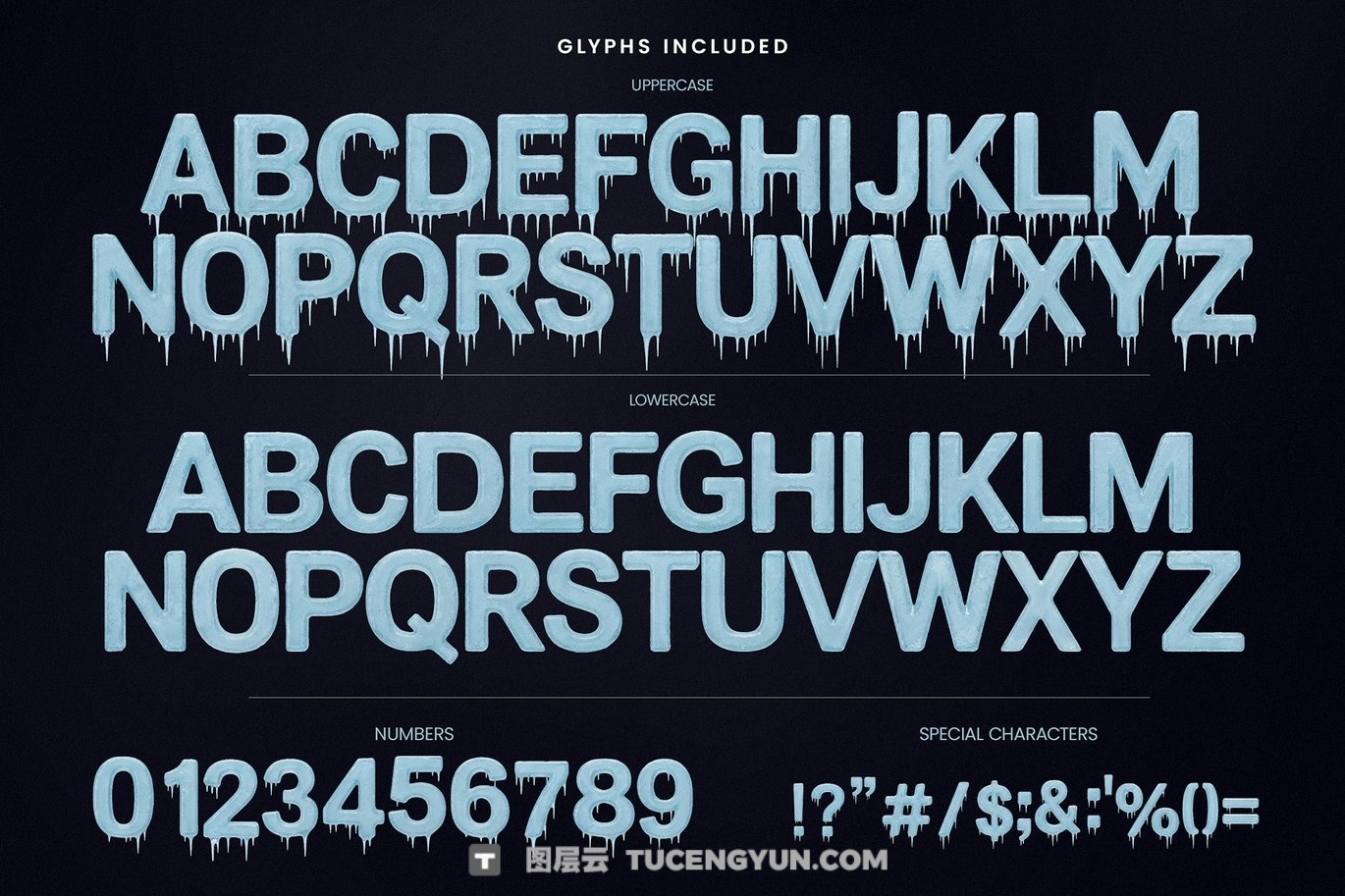 英文字体：逼真冬季冰霜冻结冰面裂纹3D艺术质感海报封面设计字体 Frost – Ice Cold Display Font（14029）图层云