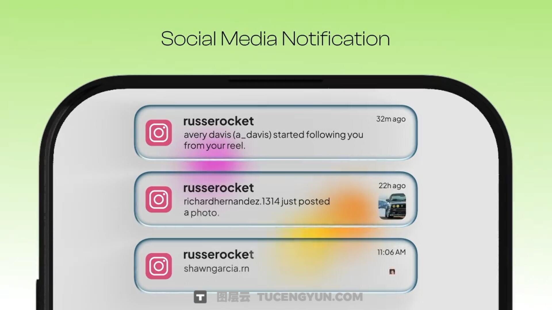 AE模板：液态玻璃美学手机消息通知提醒UI动画（14038）图层云