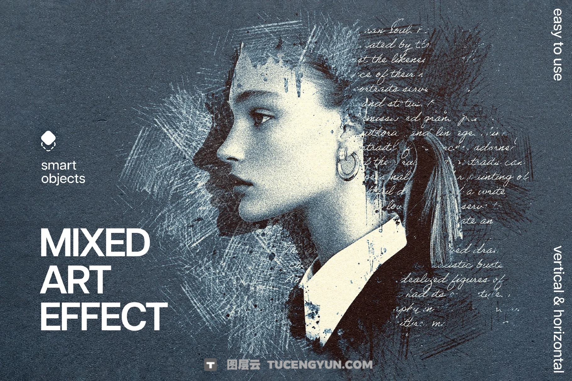 混合媒体艺术粗糙素描墨迹飞溅手写文字书籍封面海报PSD特效样机 Mixed Art Photo Effect（14045）图层云
