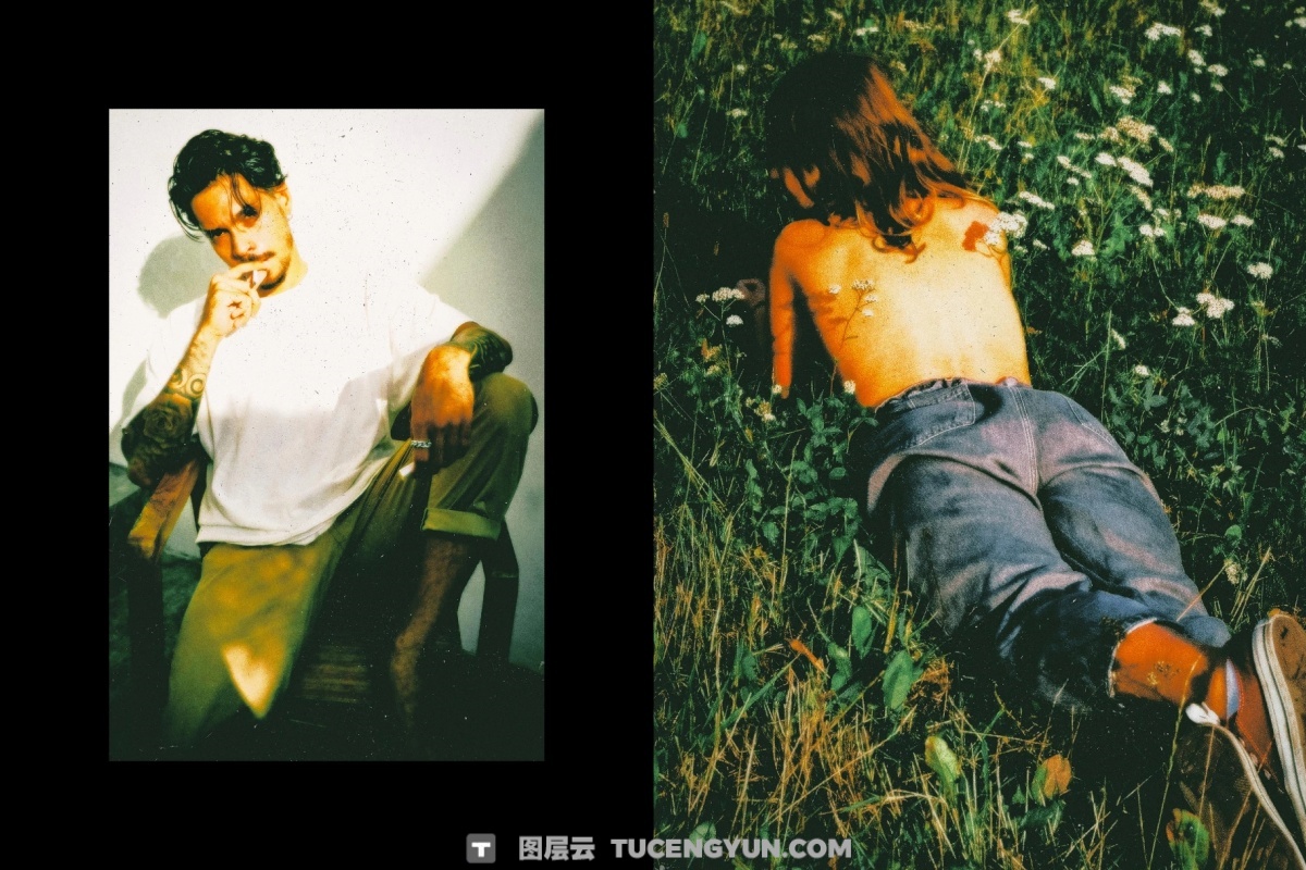 90年代复古电影胶片颗粒光晕朦胧梦幻氛围感图片叠加滤镜PSD特效样机 Mid 90’s Vibe Photo Effect（14046）图层云