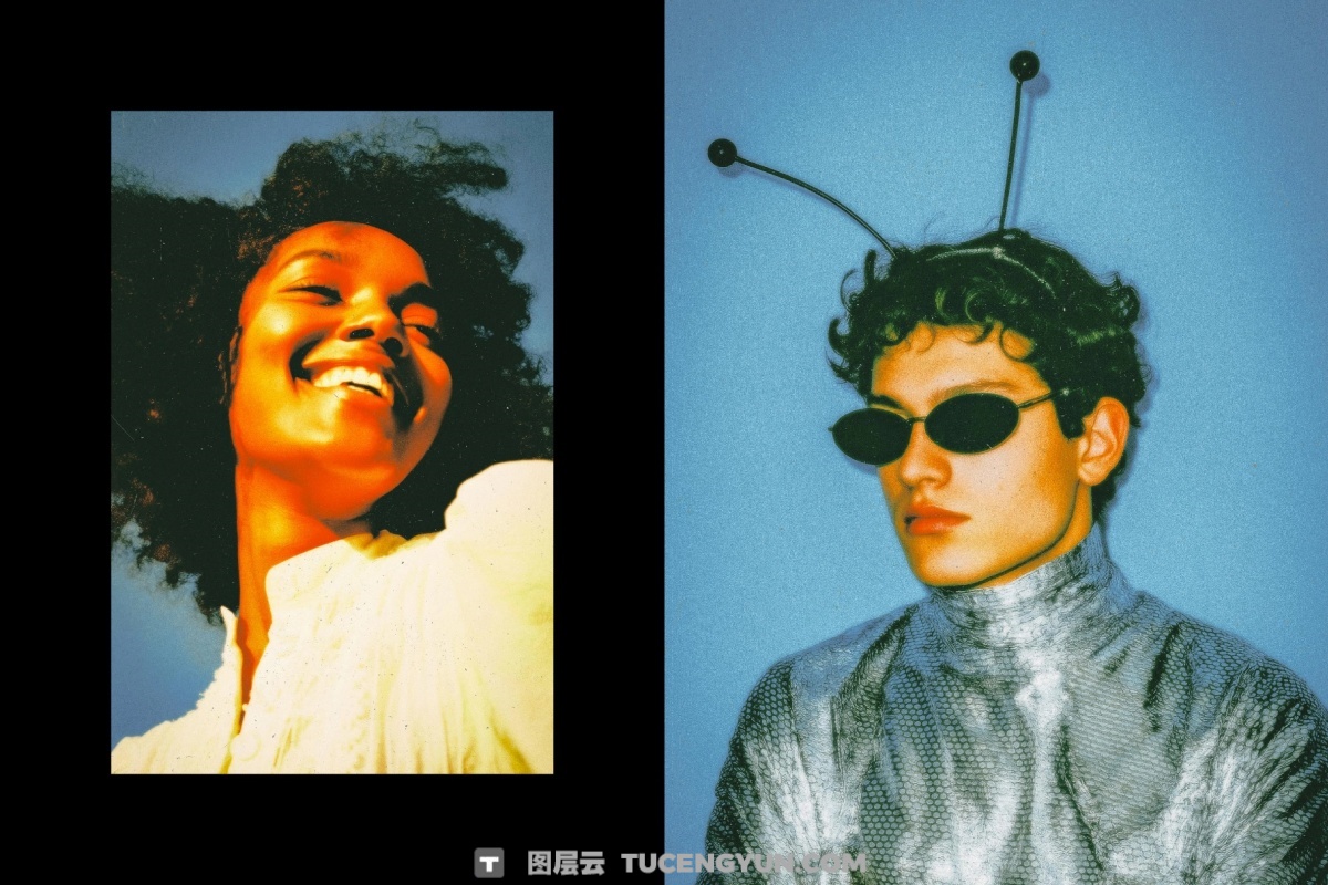 90年代复古电影胶片颗粒光晕朦胧梦幻氛围感图片叠加滤镜PSD特效样机 Mid 90’s Vibe Photo Effect（14046）图层云