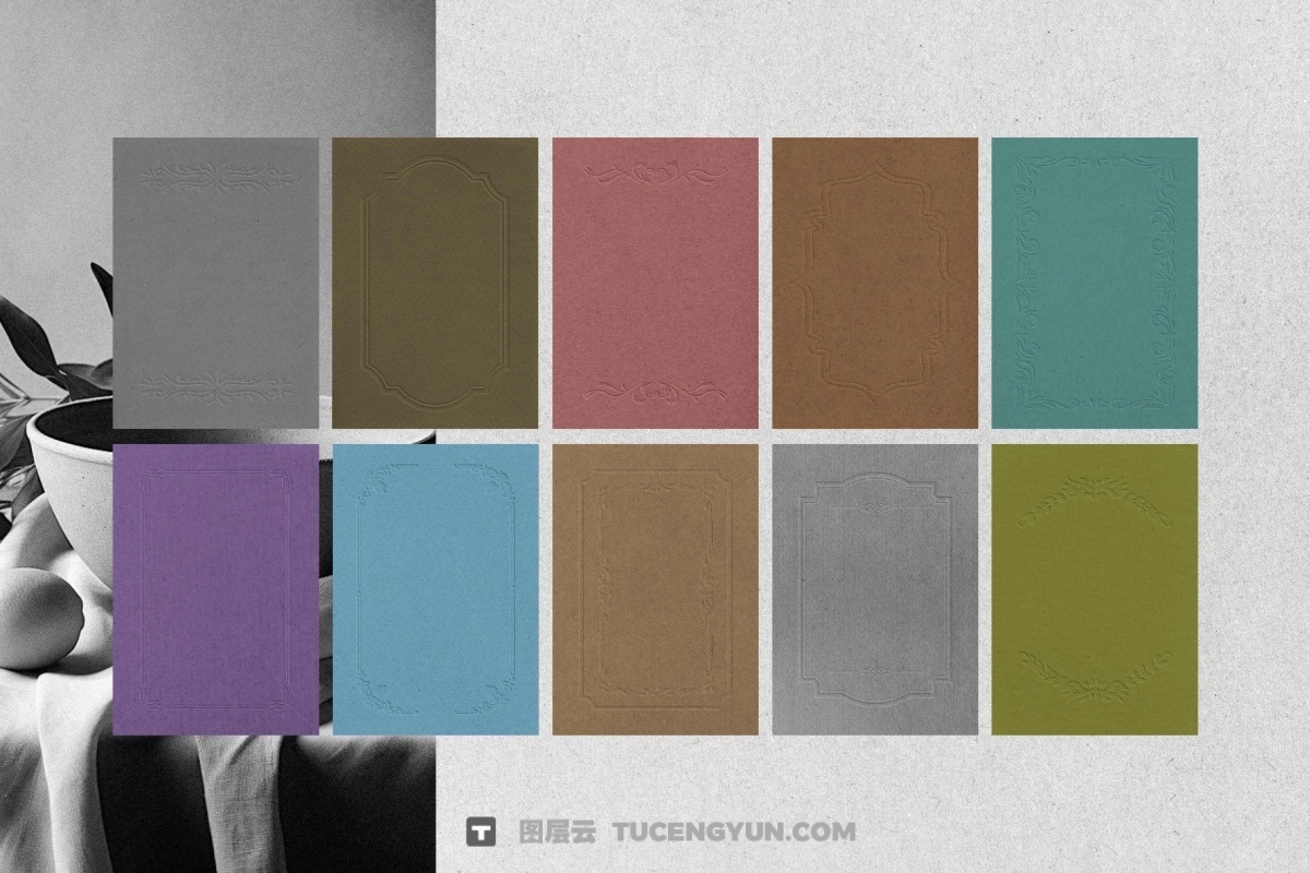 60款浪漫优雅新艺术多色卡片明信片压花浮雕纹理纸张底纹肌理PNG/JPG背景边框图片套装 Crafted Embossed Papers & Frames（14047）图层云