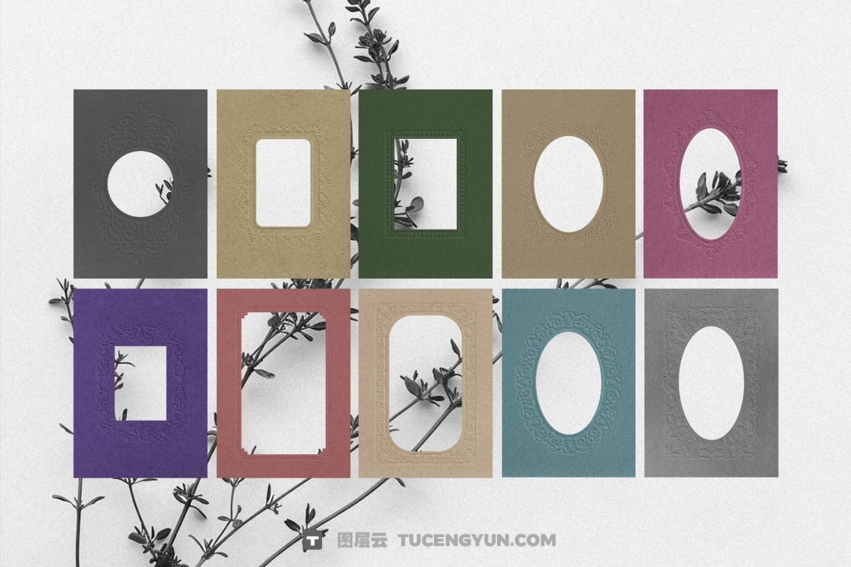 60款浪漫优雅新艺术多色卡片明信片压花浮雕纹理纸张底纹肌理PNG/JPG背景边框图片套装 Crafted Embossed Papers & Frames（14047）图层云
