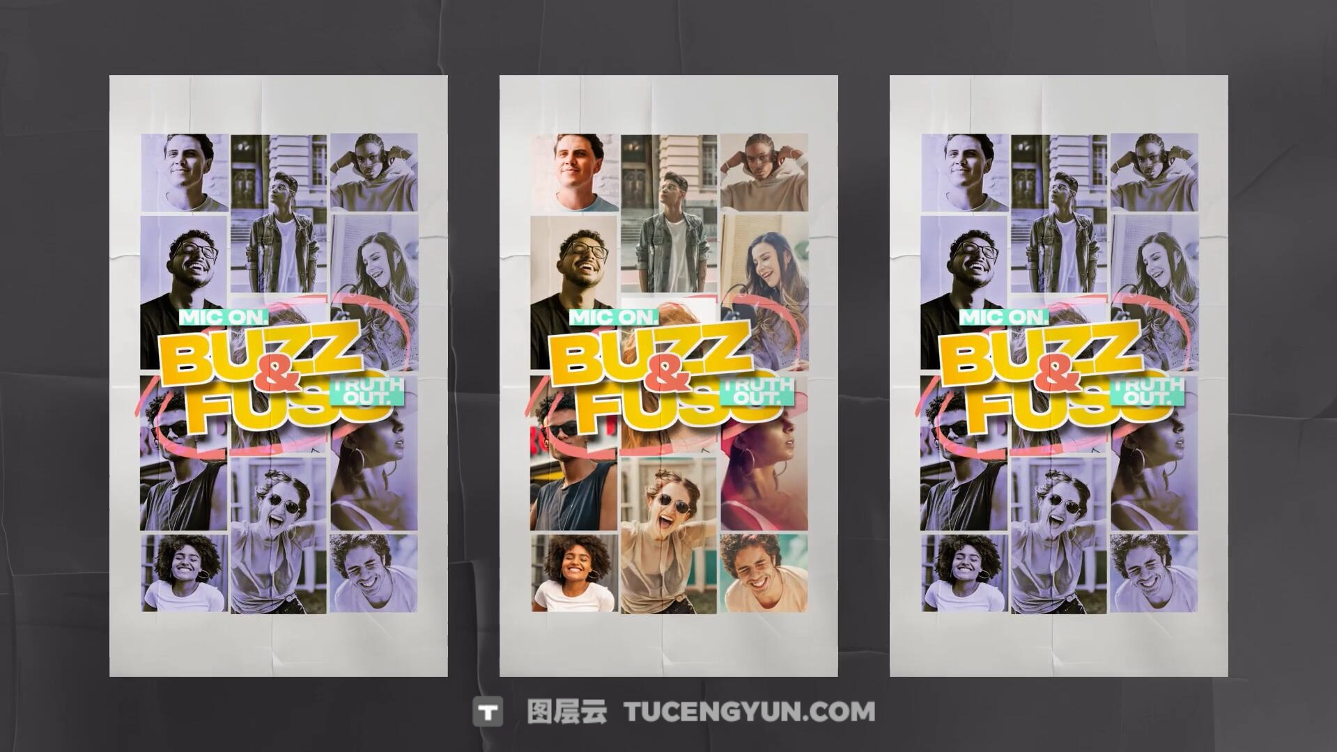 AE模板：大胆时尚粗糙仿旧撕纸艺术脱口秀访谈开场片头（14070）图层云