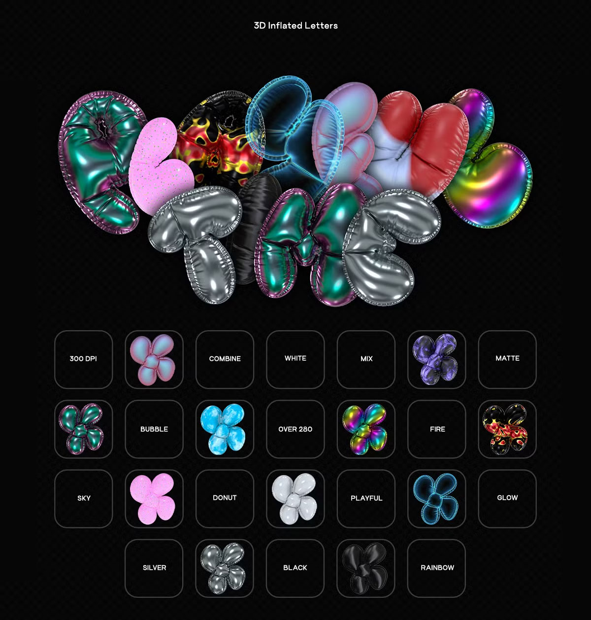 286个复古Y2K风格趣味3D充气膨胀渲染英文大写字母多材质样式装饰封面海报设计PNG素材 Playful Time – 3D Inflated Letters（13083）
