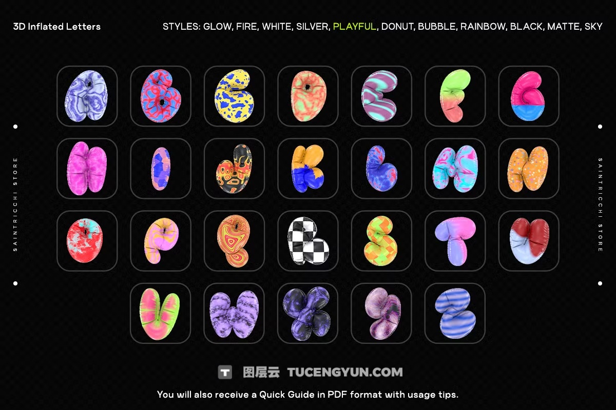 286个复古Y2K风格趣味3D充气膨胀渲染英文大写字母多材质样式装饰封面海报设计PNG素材 Playful Time – 3D Inflated Letters（13083）图层云