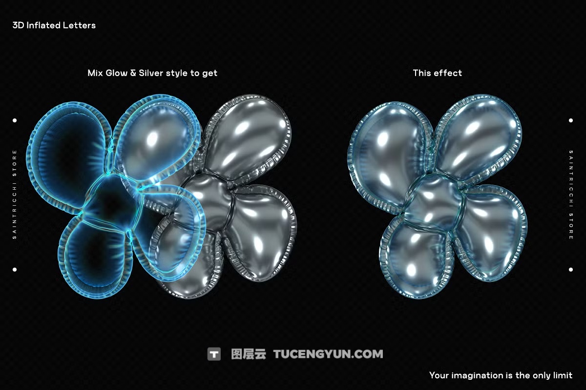 286个复古Y2K风格趣味3D充气膨胀渲染英文大写字母多材质样式装饰封面海报设计PNG素材 Playful Time – 3D Inflated Letters（13083）图层云