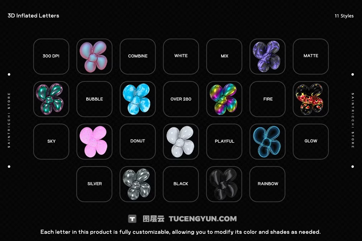286个复古Y2K风格趣味3D充气膨胀渲染英文大写字母多材质样式装饰封面海报设计PNG素材 Playful Time – 3D Inflated Letters（13083）图层云