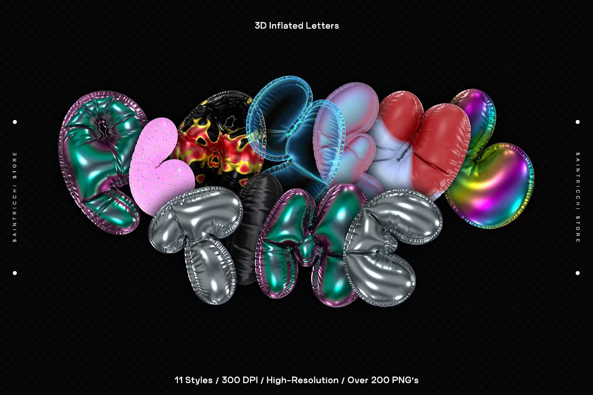 286个复古Y2K风格趣味3D充气膨胀渲染英文大写字母多材质样式装饰封面海报设计PNG素材 Playful Time – 3D Inflated Letters（13083）图层云