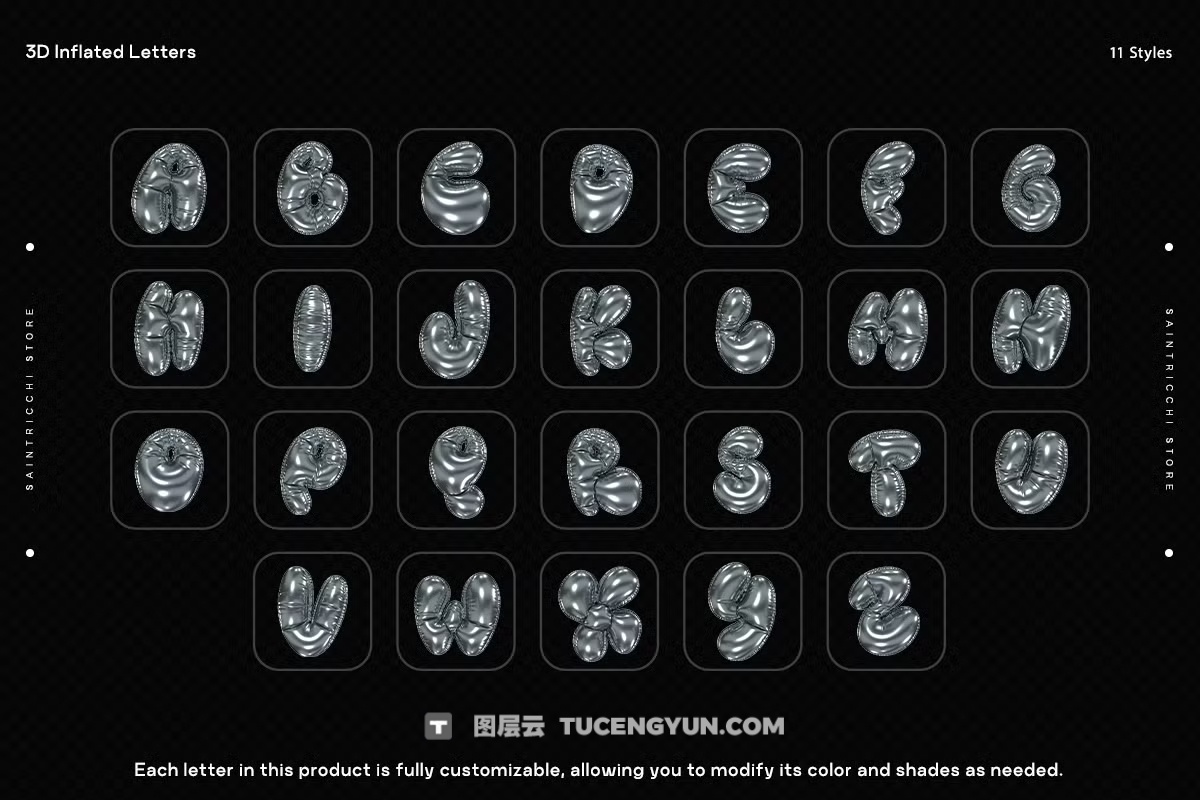 286个复古Y2K风格趣味3D充气膨胀渲染英文大写字母多材质样式装饰封面海报设计PNG素材 Playful Time – 3D Inflated Letters（13083）图层云