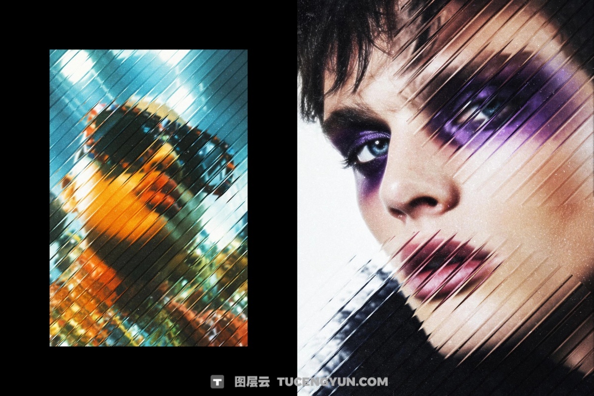 大胆现代抽象艺术透明条形玻璃折射波纹海报封面设计排版PSD特效样机 Diagonal Glass Photo Effect（14089）图层云