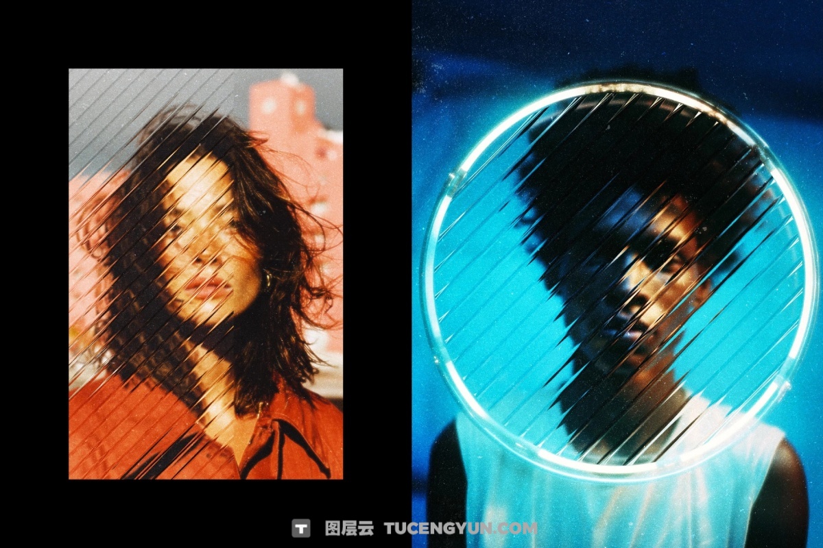 大胆现代抽象艺术透明条形玻璃折射波纹海报封面设计排版PSD特效样机 Diagonal Glass Photo Effect（14089）图层云