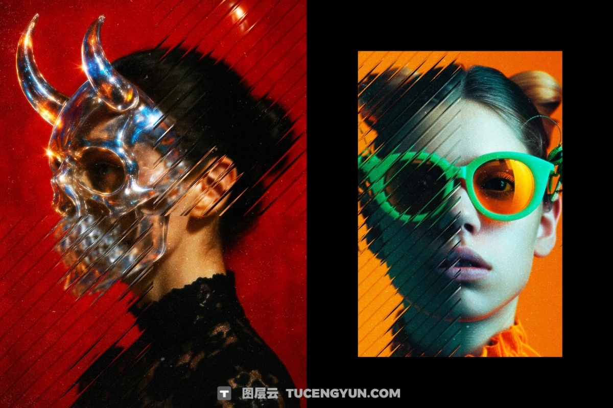 大胆现代抽象艺术透明条形玻璃折射波纹海报封面设计排版PSD特效样机 Diagonal Glass Photo Effect（14089）图层云