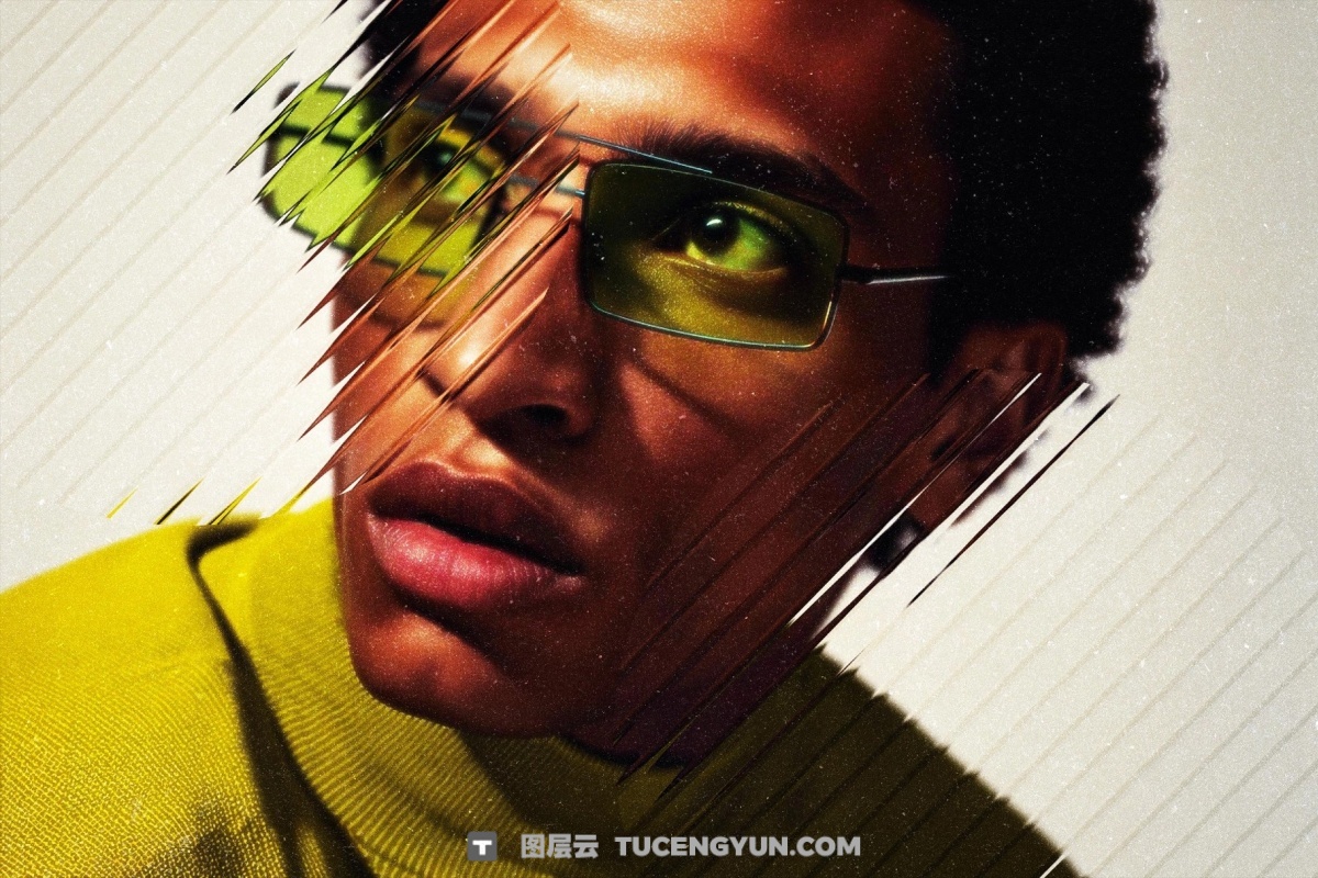 大胆现代抽象艺术透明条形玻璃折射波纹海报封面设计排版PSD特效样机 Diagonal Glass Photo Effect（14089）图层云