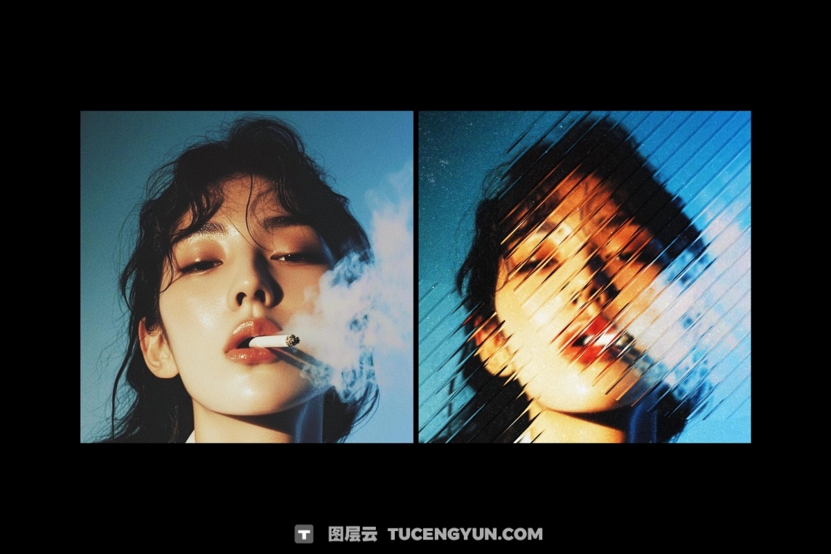 大胆现代抽象艺术透明条形玻璃折射波纹海报封面设计排版PSD特效样机 Diagonal Glass Photo Effect（14089）图层云