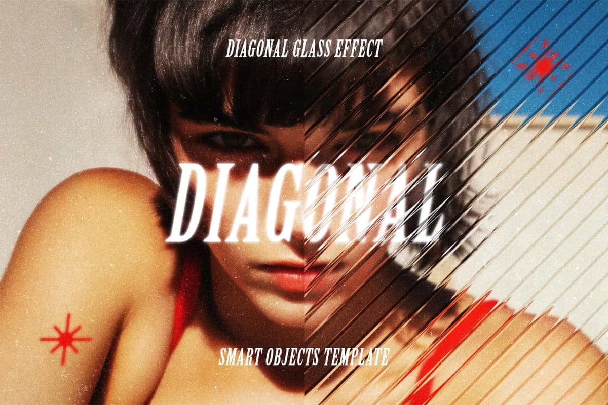 大胆现代抽象艺术透明条形玻璃折射波纹海报封面设计排版PSD特效样机 Diagonal Glass Photo Effect（14089）