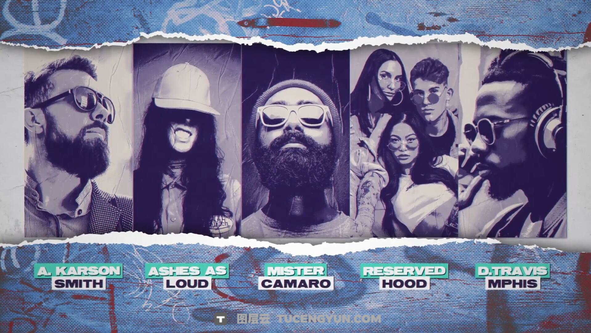 AE模板：美式复古仿旧拼贴艺术褶皱撕纸打开宣传片头模板（14103）图层云