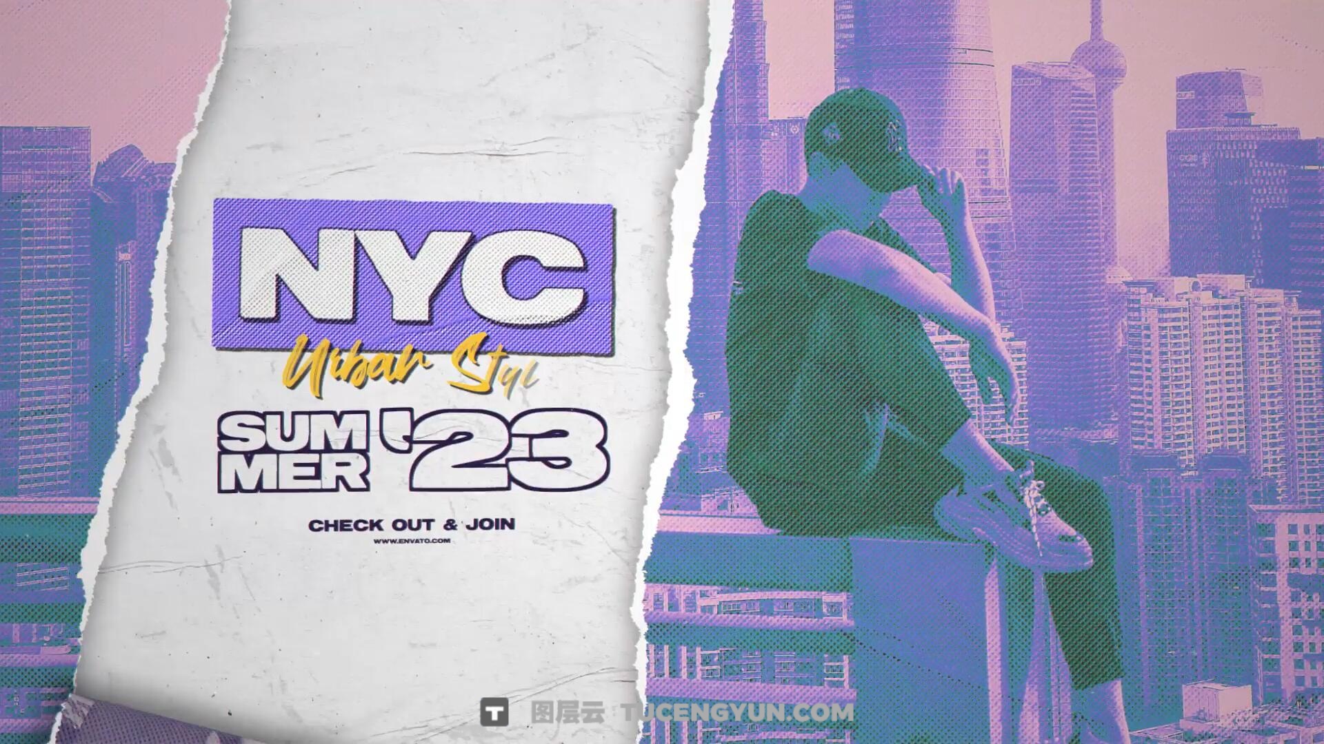 AE模板：美式复古仿旧拼贴艺术褶皱撕纸打开宣传片头模板（14103）图层云