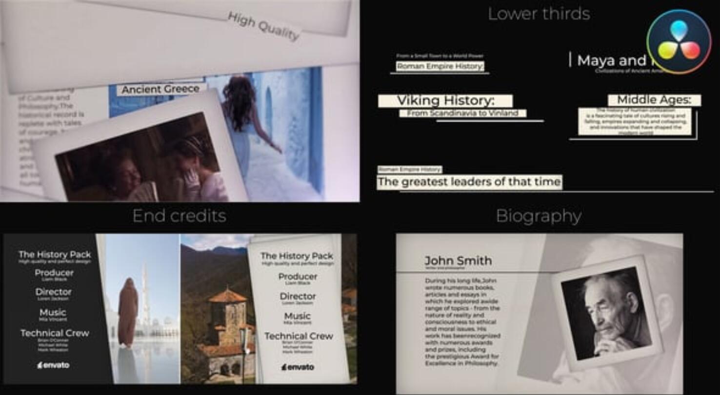 达芬奇模板：复古纸质叙事电影片头、转场、场景片尾字幕动画模板（14124）