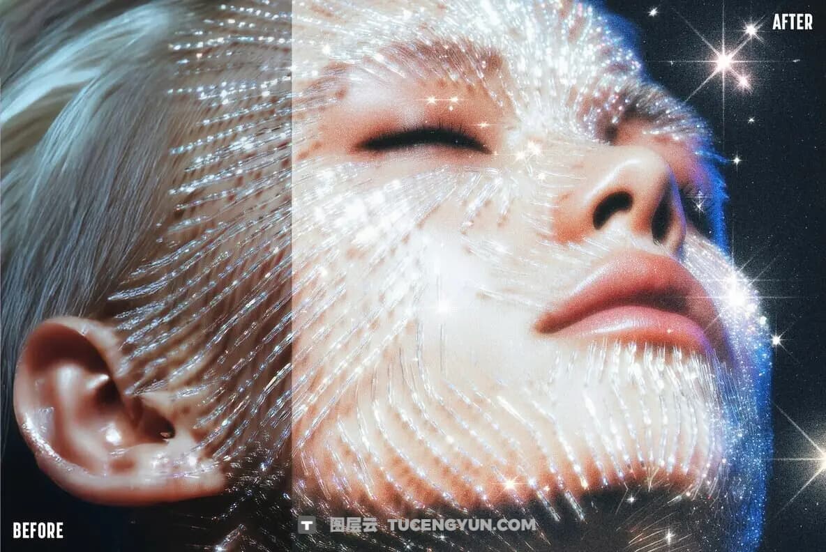 复古Y2K梦幻朦胧胶片颗粒星芒发光图片后期叠加滤镜PSD特效样机 Stars Soft Glowing Photo Effect（14140）图层云