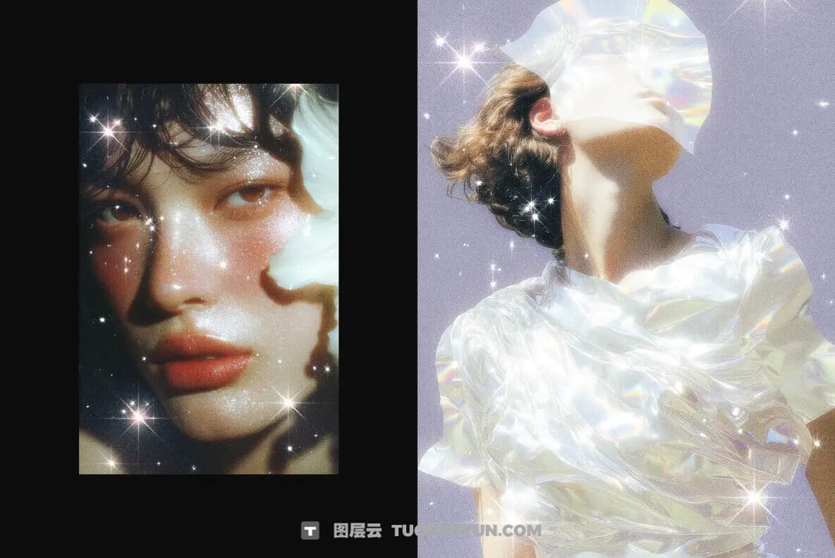 复古Y2K梦幻朦胧胶片颗粒星芒发光图片后期叠加滤镜PSD特效样机 Stars Soft Glowing Photo Effect（14140）图层云