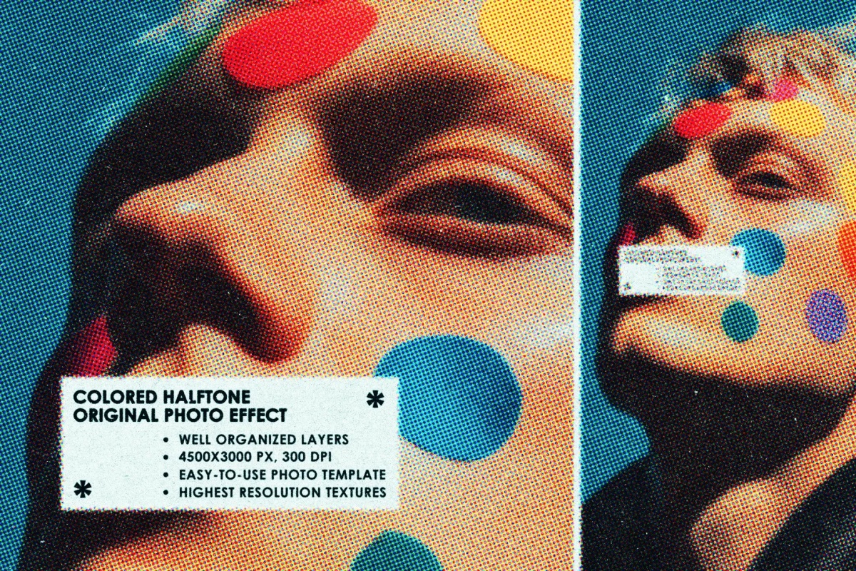 复古彩色杂志颗粒噪点半调彩色印刷打印图像叠加PSD特效样机 Original Zine Color Halftone Effect（14148）