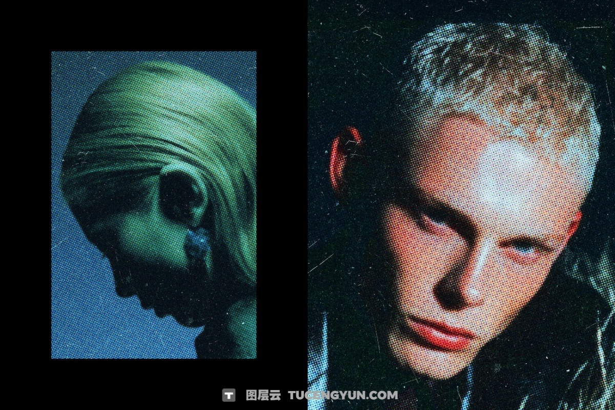 复古彩色杂志颗粒噪点半调彩色印刷打印图像叠加PSD特效样机 Original Zine Color Halftone Effect（14148）图层云