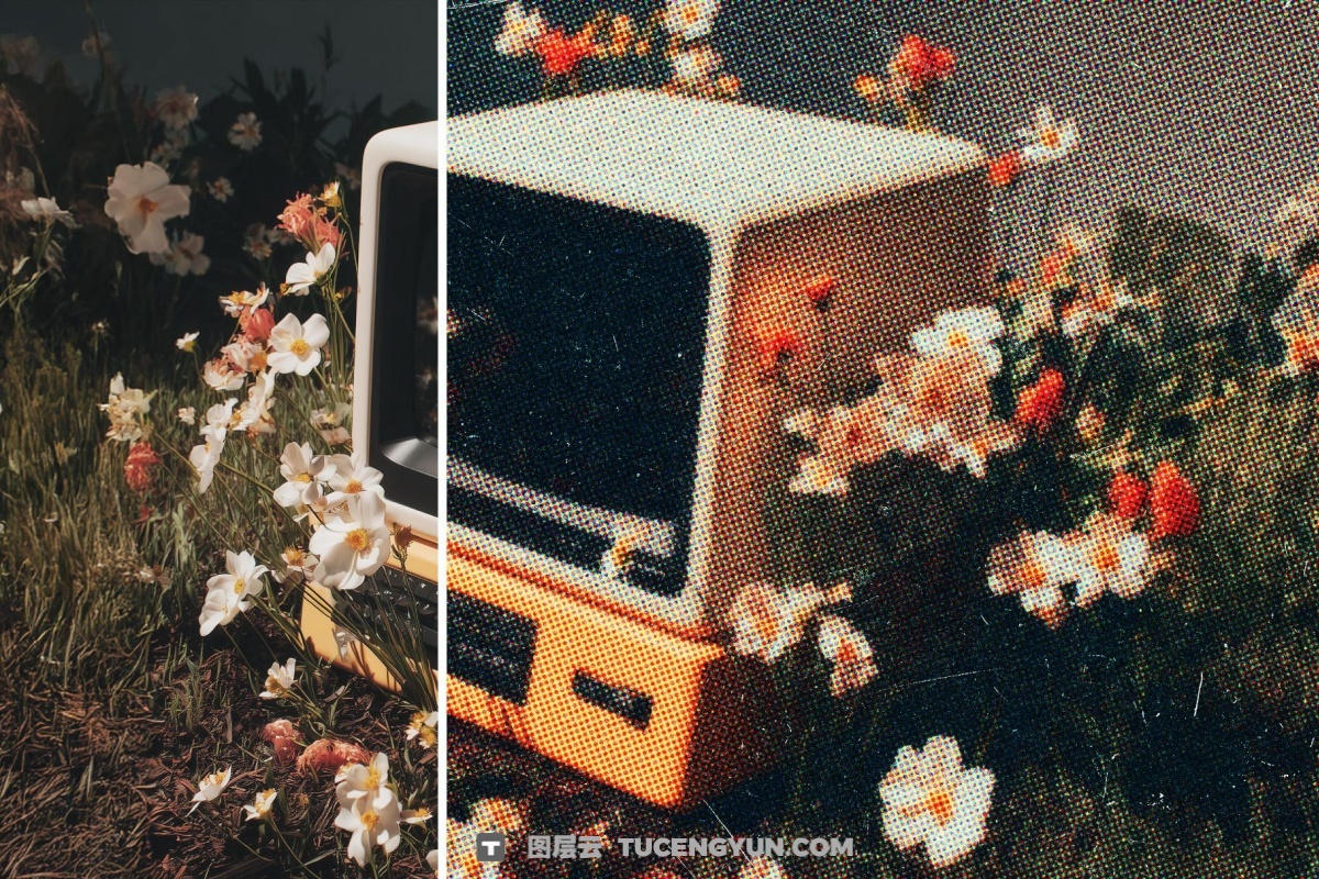 复古彩色杂志颗粒噪点半调彩色印刷打印图像叠加PSD特效样机 Original Zine Color Halftone Effect（14148）图层云