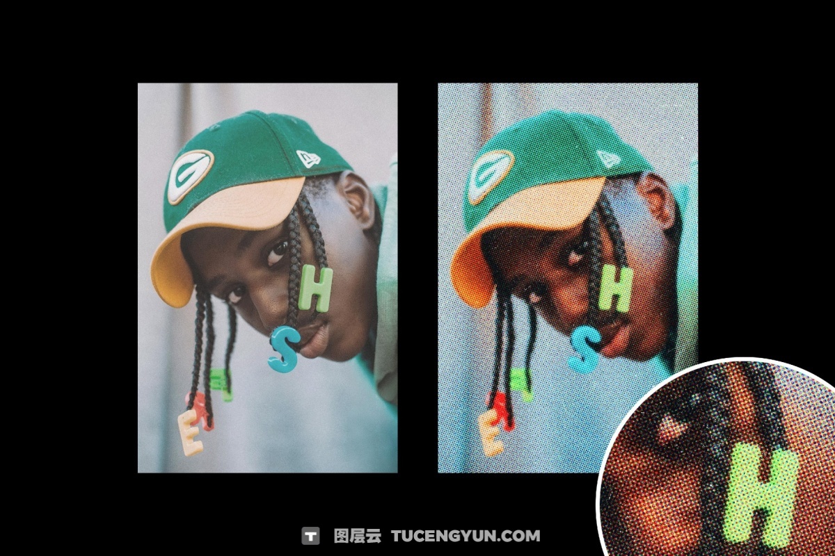 复古彩色杂志颗粒噪点半调彩色印刷打印图像叠加PSD特效样机 Original Zine Color Halftone Effect（14148）图层云