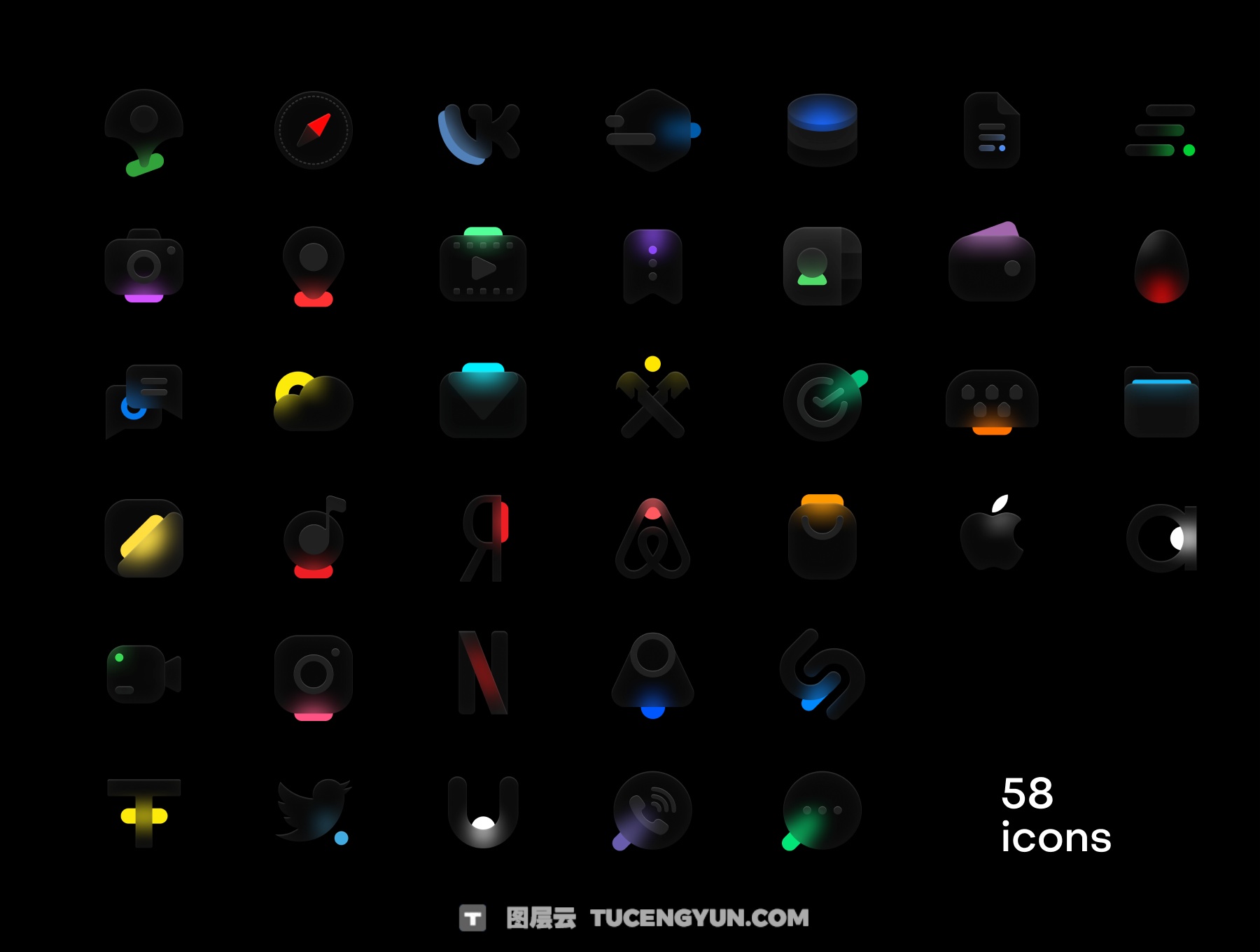 58个暗黑发光立体界面设计图标Figma/Sketch/PNG素材 Glossy icons（14161）图层云