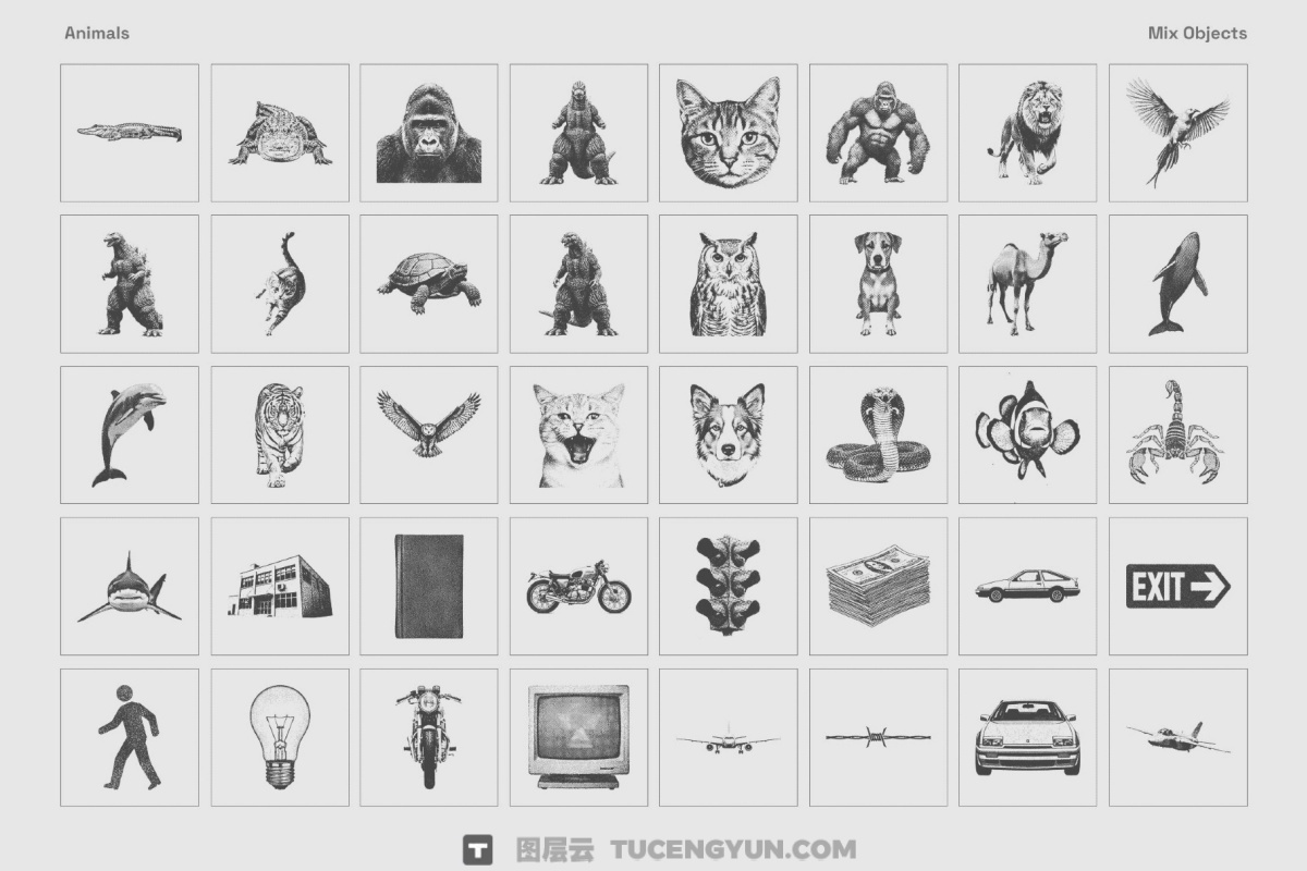 190个大胆粗糙复古印刷打印风格植物动物设备混合几何AI矢量图形插画插图设计套装 Photocopy Effect Illustrations Pack（14175）图层云