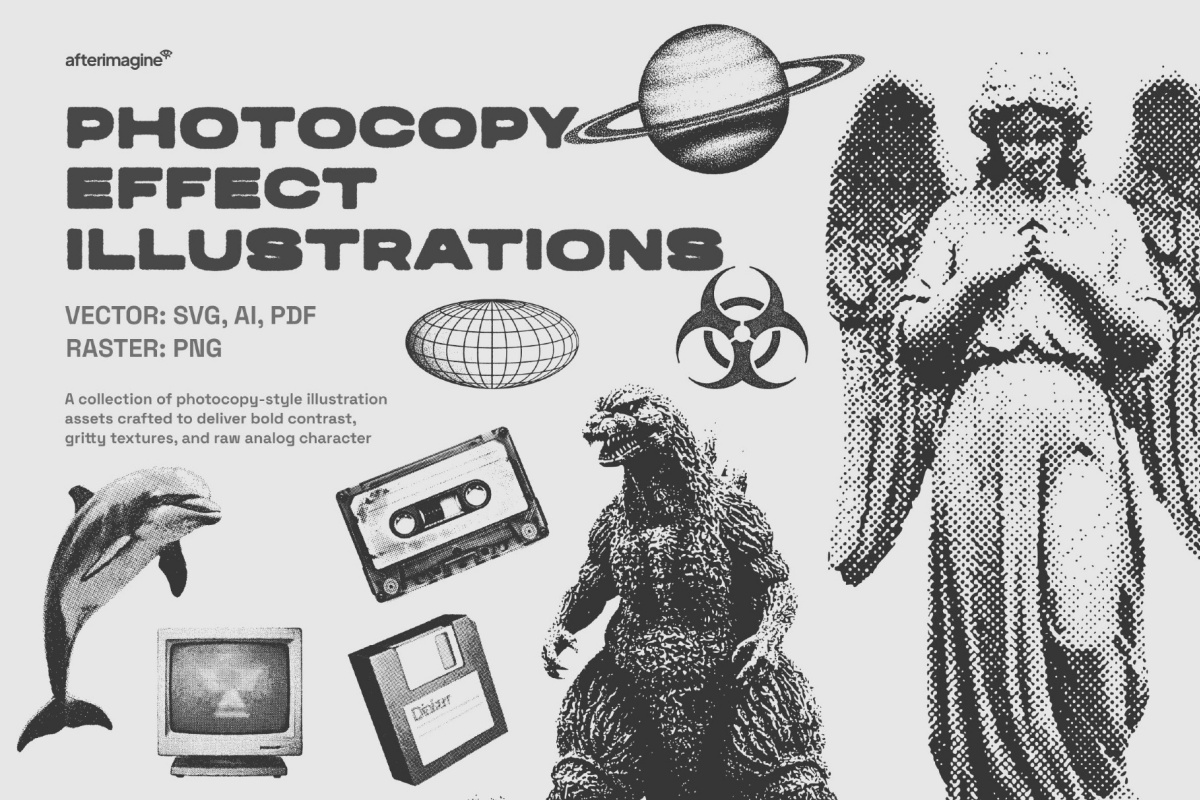 190个大胆粗糙复古印刷打印风格植物动物设备混合几何AI矢量图形插画插图设计套装 Photocopy Effect Illustrations Pack(14175)图层云 190个大胆粗糙复古印刷打印风格植物动物设备混合几何AI矢量图形插画插图设计套装 Photocopy Effect Illustrations Pack(14175)图层云