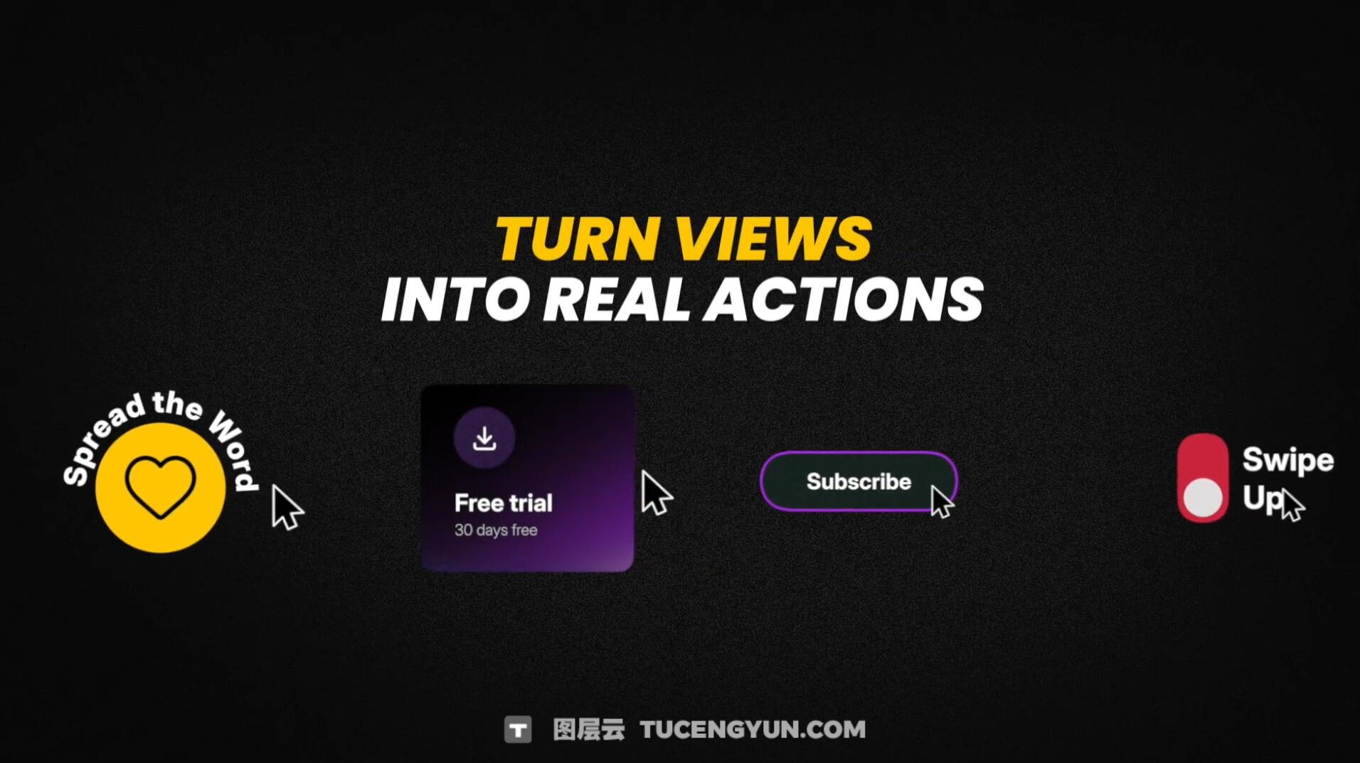 FCPX插件：45个极简主义现代视频互动鼠标点击、关注、转化效果文字标题字幕动画 Calls to Action（14221）图层云