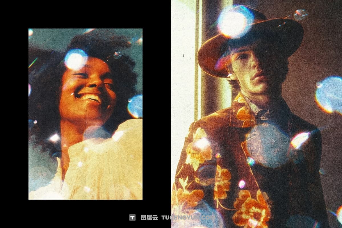 复古暖色调胶片颗粒伪影散景泄漏PSD样机效果 Vintage Bokeh Leak Photo Effect（14228）图层云