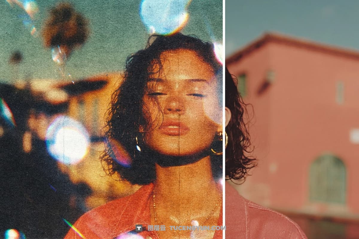 复古暖色调胶片颗粒伪影散景泄漏PSD样机效果 Vintage Bokeh Leak Photo Effect（14228）图层云