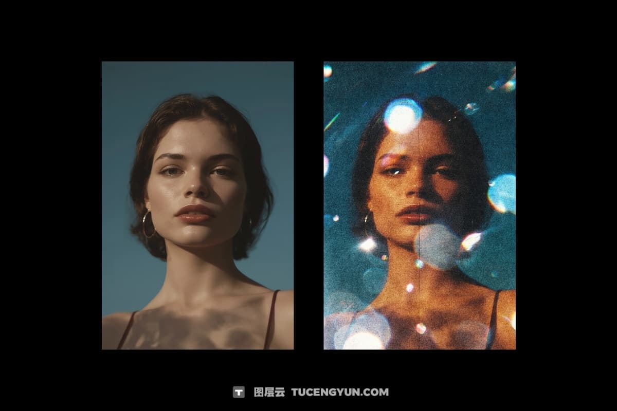 复古暖色调胶片颗粒伪影散景泄漏PSD样机效果 Vintage Bokeh Leak Photo Effect（14228）图层云