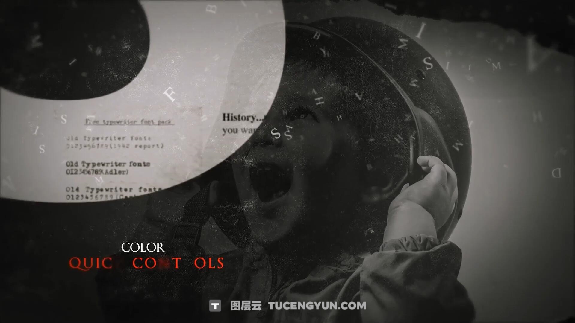 PR模板：黑白沉重历史纪录片文字漂浮效果视频模板（14237）图层云