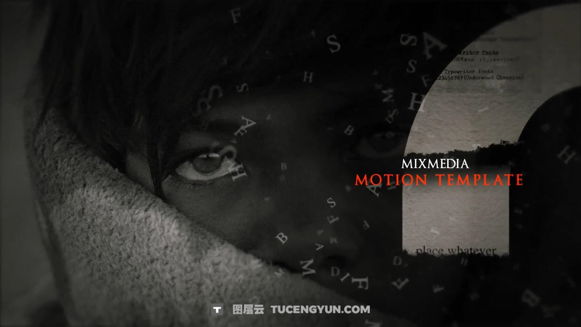 PR模板：黑白沉重历史纪录片文字漂浮效果视频模板（14237）图层云