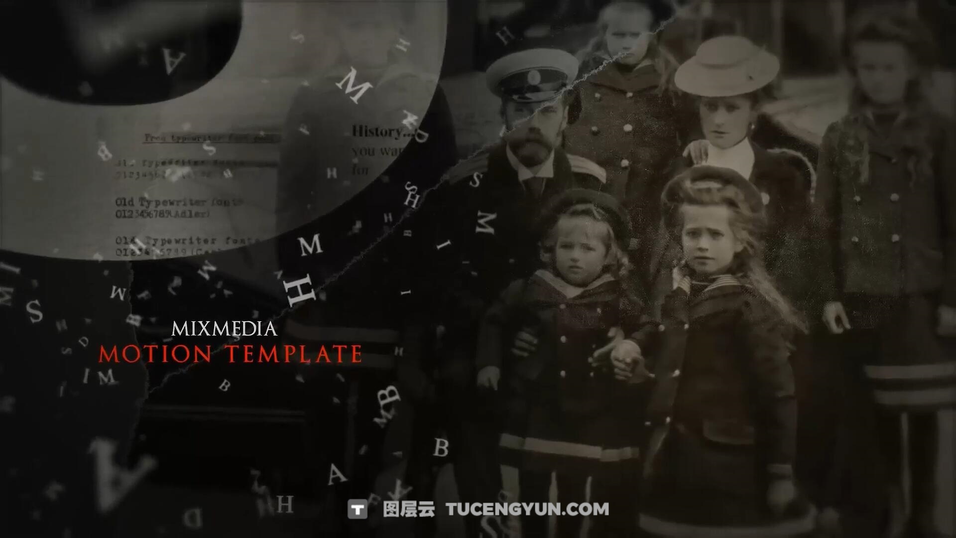 PR模板：黑白沉重历史纪录片文字漂浮效果视频模板（14237）图层云