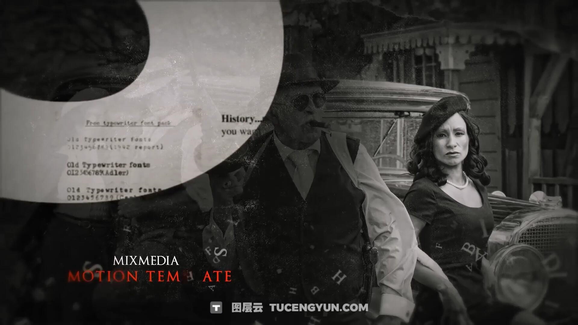 PR模板：黑白沉重历史纪录片文字漂浮效果视频模板（14237）图层云