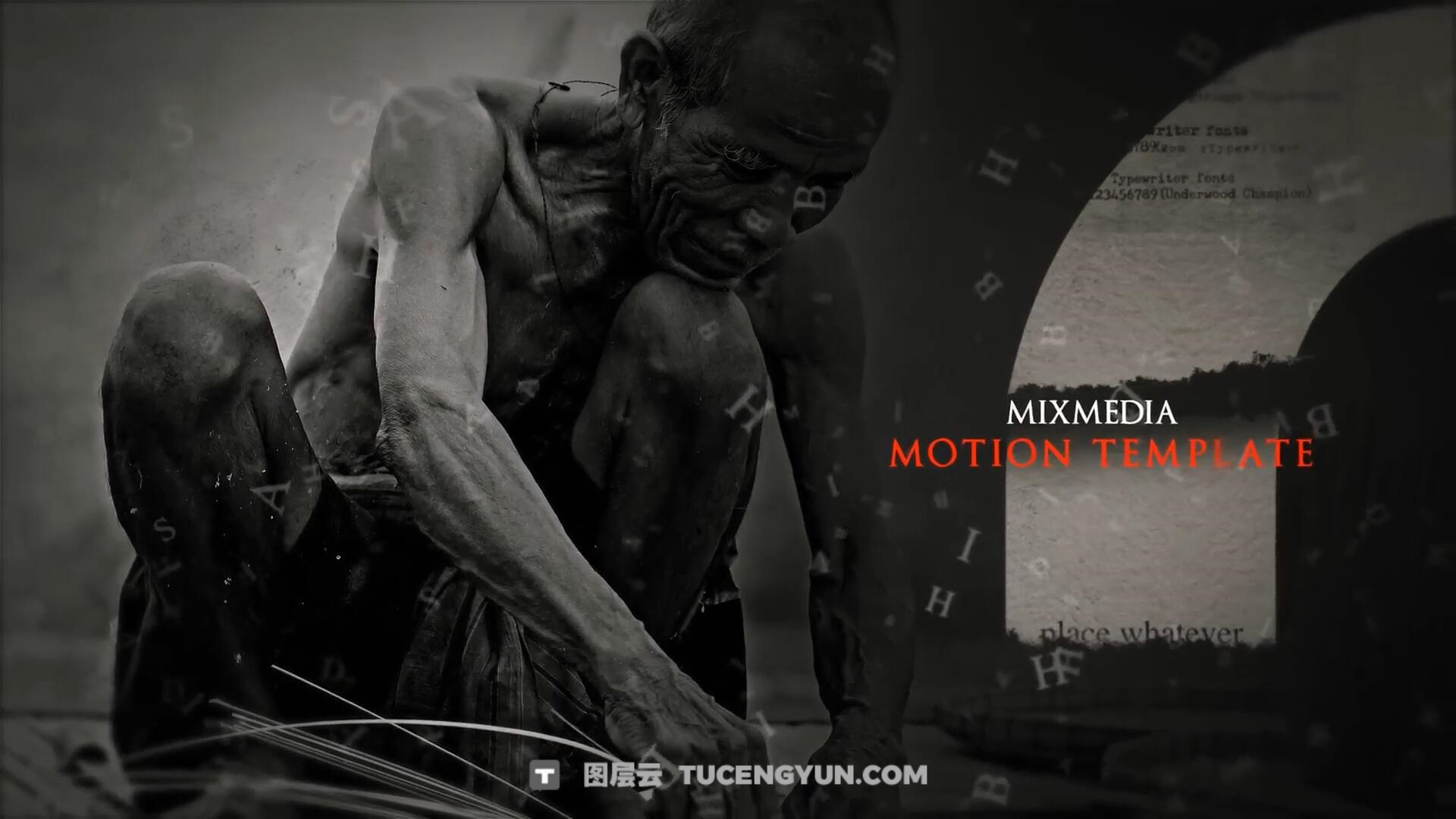 PR模板：黑白沉重历史纪录片文字漂浮效果视频模板（14237）图层云