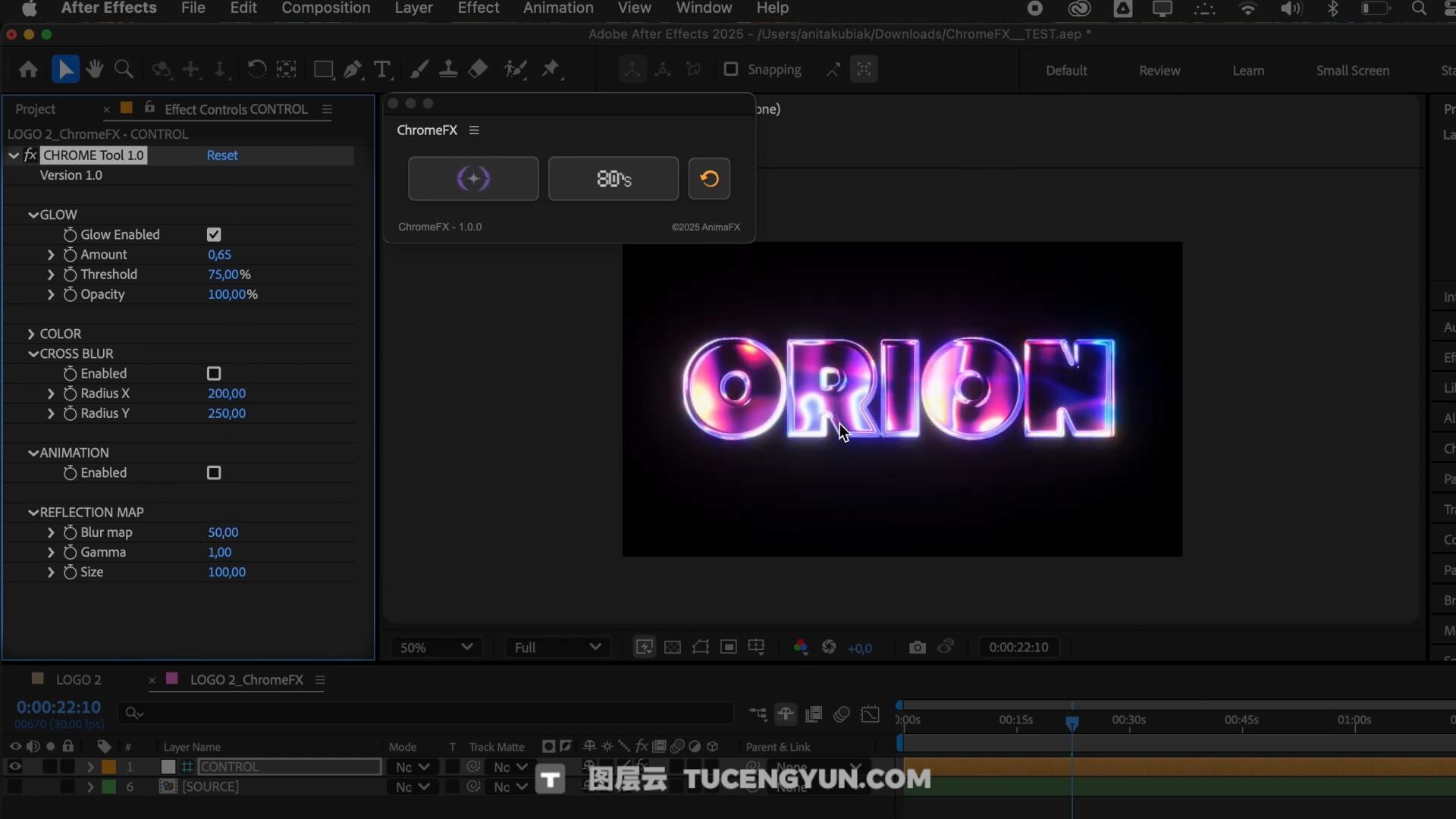 AE插件：全息3D金属抽象艺术酸性镀铬扭曲流体效果文字标题画面效果插件 AnimaFX – ChromeFX（14240）图层云