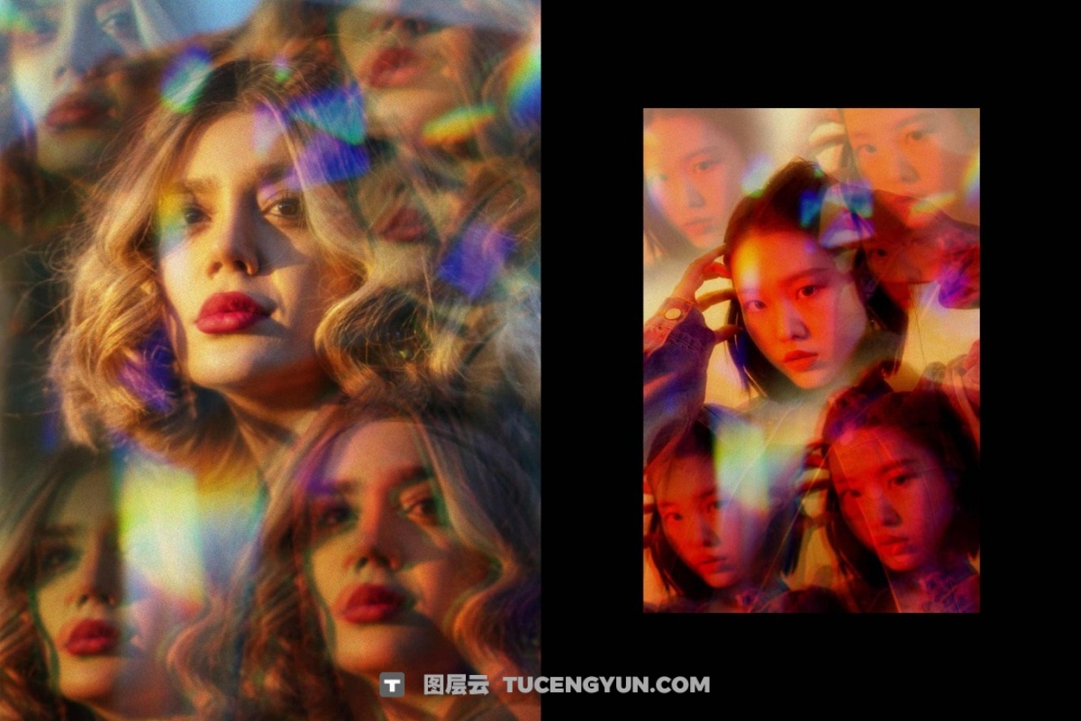 梦幻棱镜雾霾双重曝光光条纹万花筒棱镜特效PSD样机 Prism Blur Photo Effect（14269）图层云